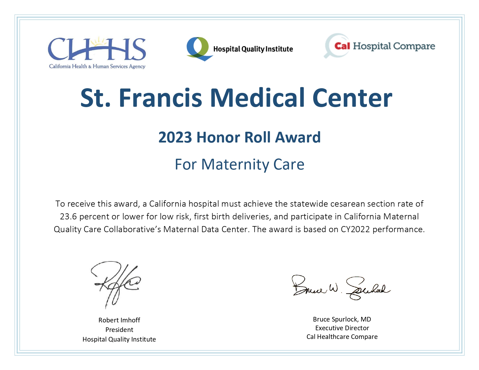 Certificate_Maternity Honor Roll_2023 - St. Francis Medical Center